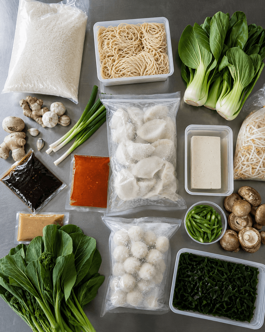 Top-down selection of rice, noodles, dumplings, tofu and fresh Asian vegetables